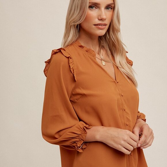 HEM & THREAD Rust Ruffle Shoulder Blouse | Lace Back Detail - Picture 2 of 5